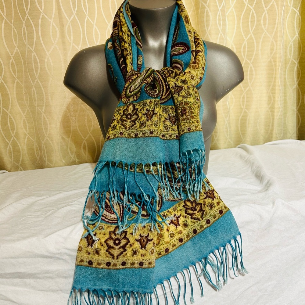 Elegant Paisley With Roses Scarf in Blue Burgundy and Gold